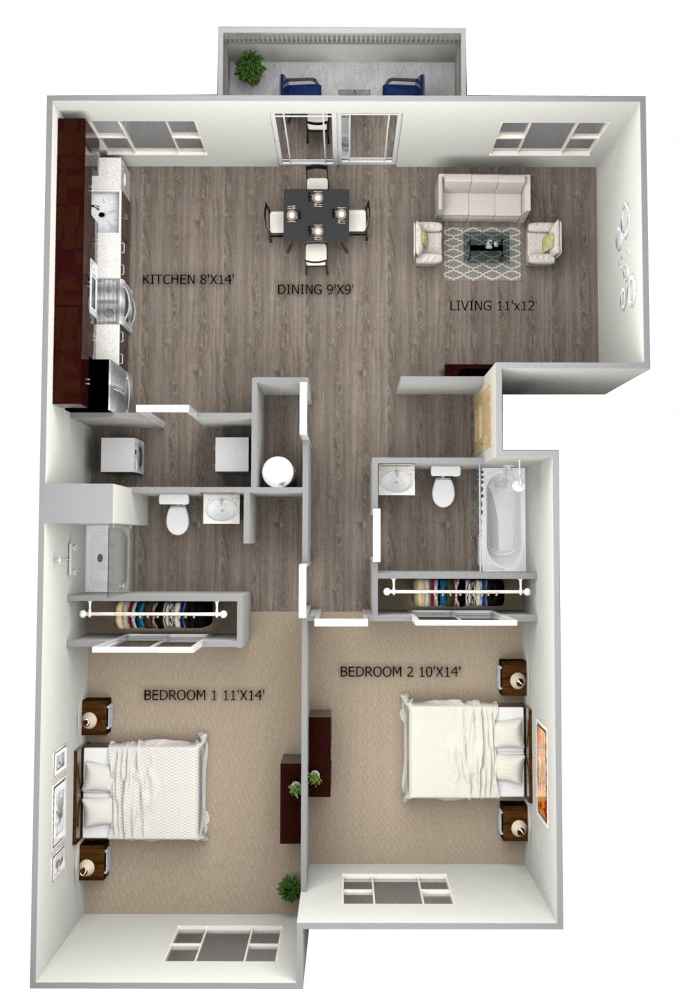 Floor plan for 2 beds, 2 baths, 960 sqft